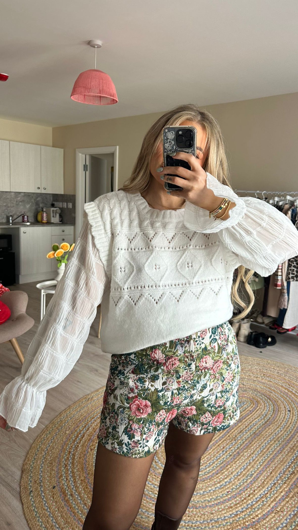 White Knit Jumper with Flounce Sleeves