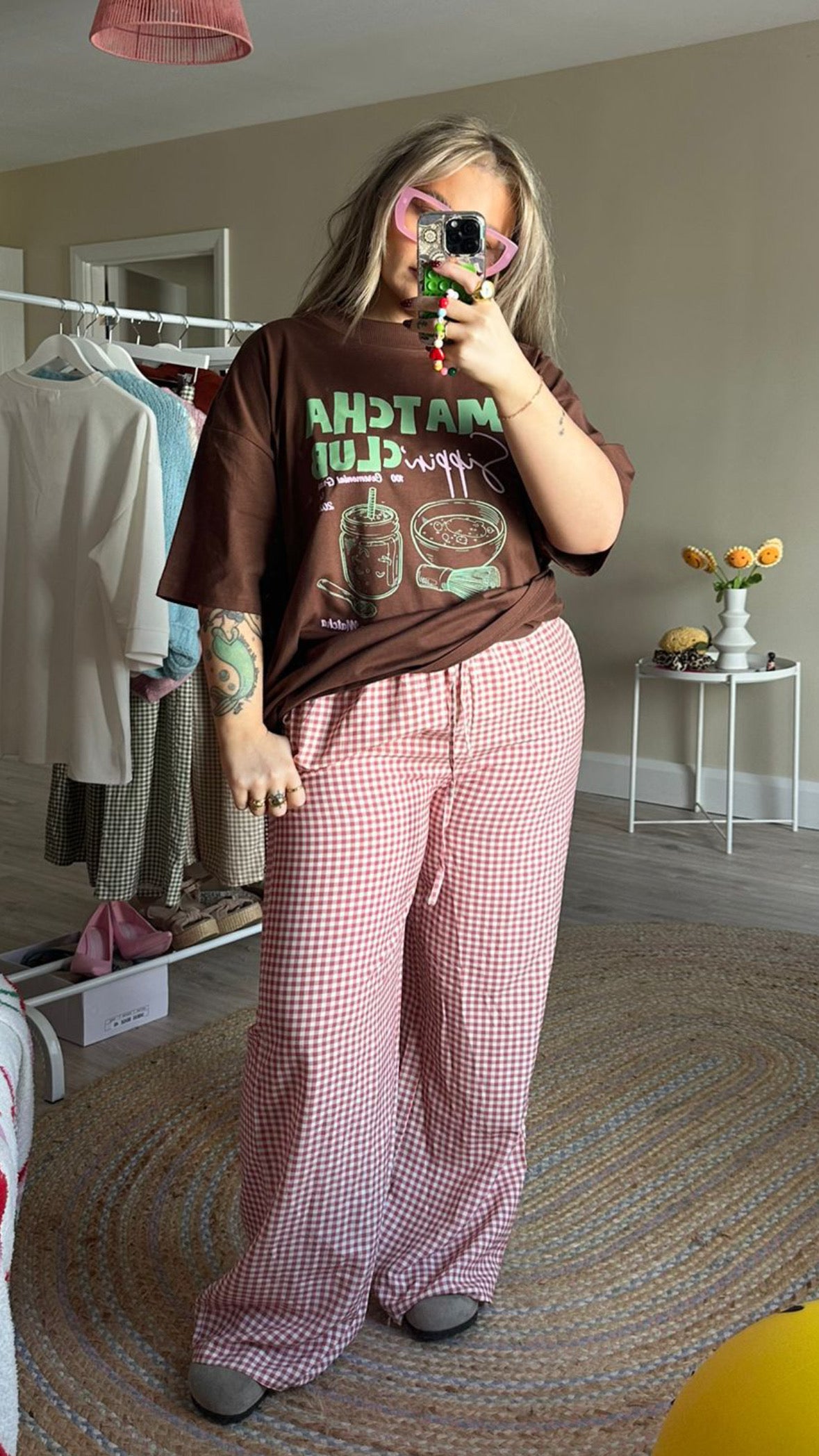 Gingham Pull On Trousers - Pink