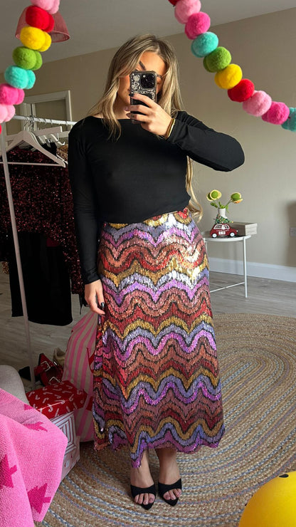 Multi Colour Chevron Sequin Midi Skirt