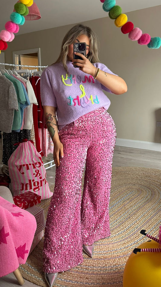 Pink Sequin Velvet Base Wide Leg Flares