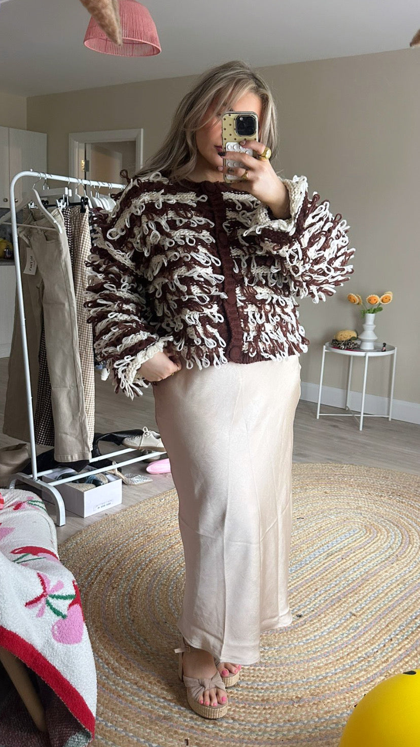 Contrast Loop Knit Cardigan - Brown