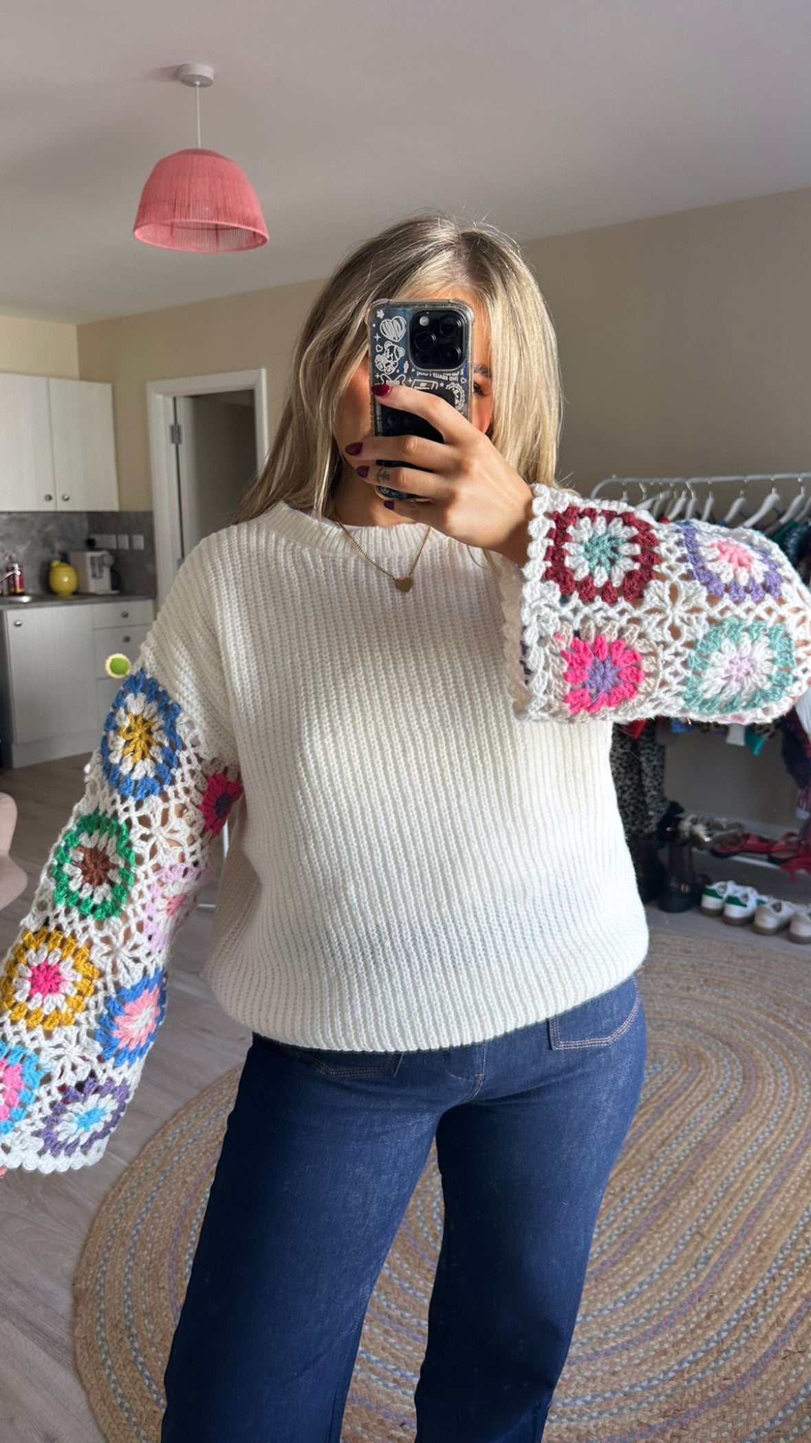 Crochet Sleeve Knit Jumper In Cream