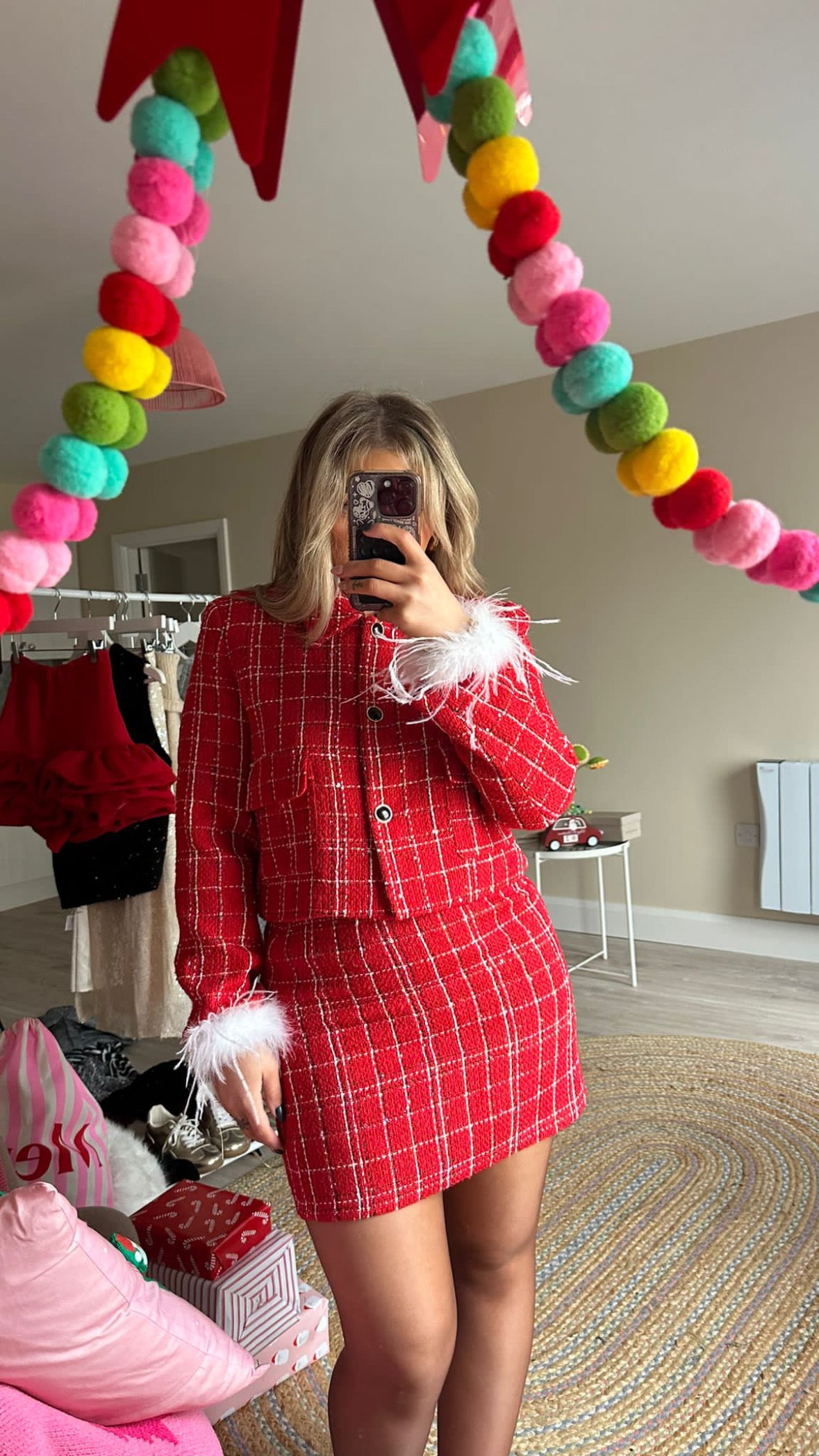 Red Tweed Co-Ord (Feather Cuffs Seperate)