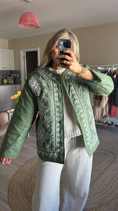 Khaki Quilted Embroidered Bomber Jacket