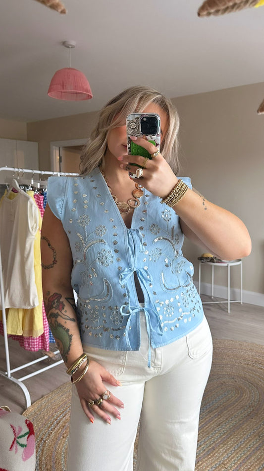 Denim Embellished Tie Front Waistcoat