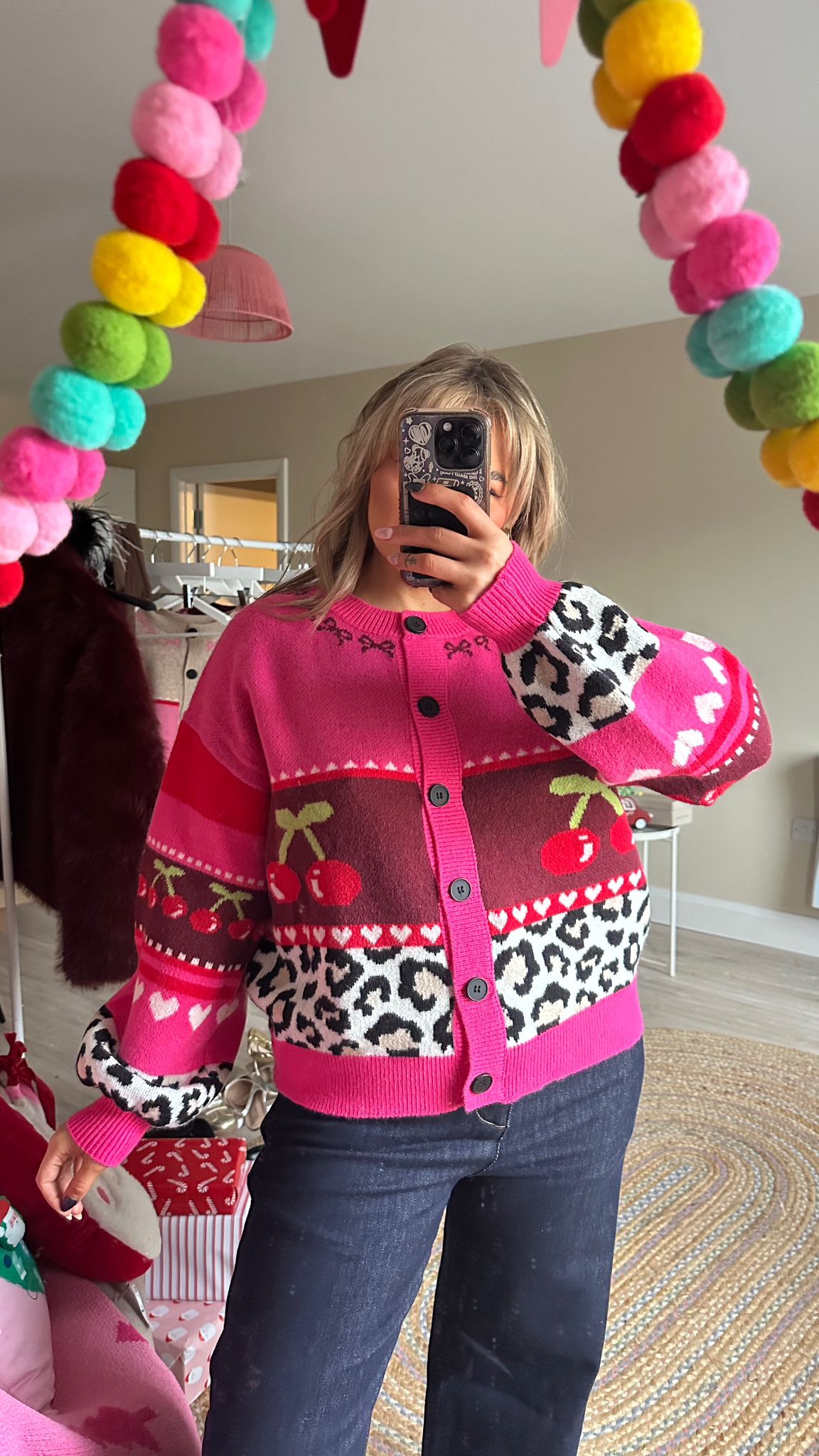 Leopard Patch Colour Block Cardigan in Pink