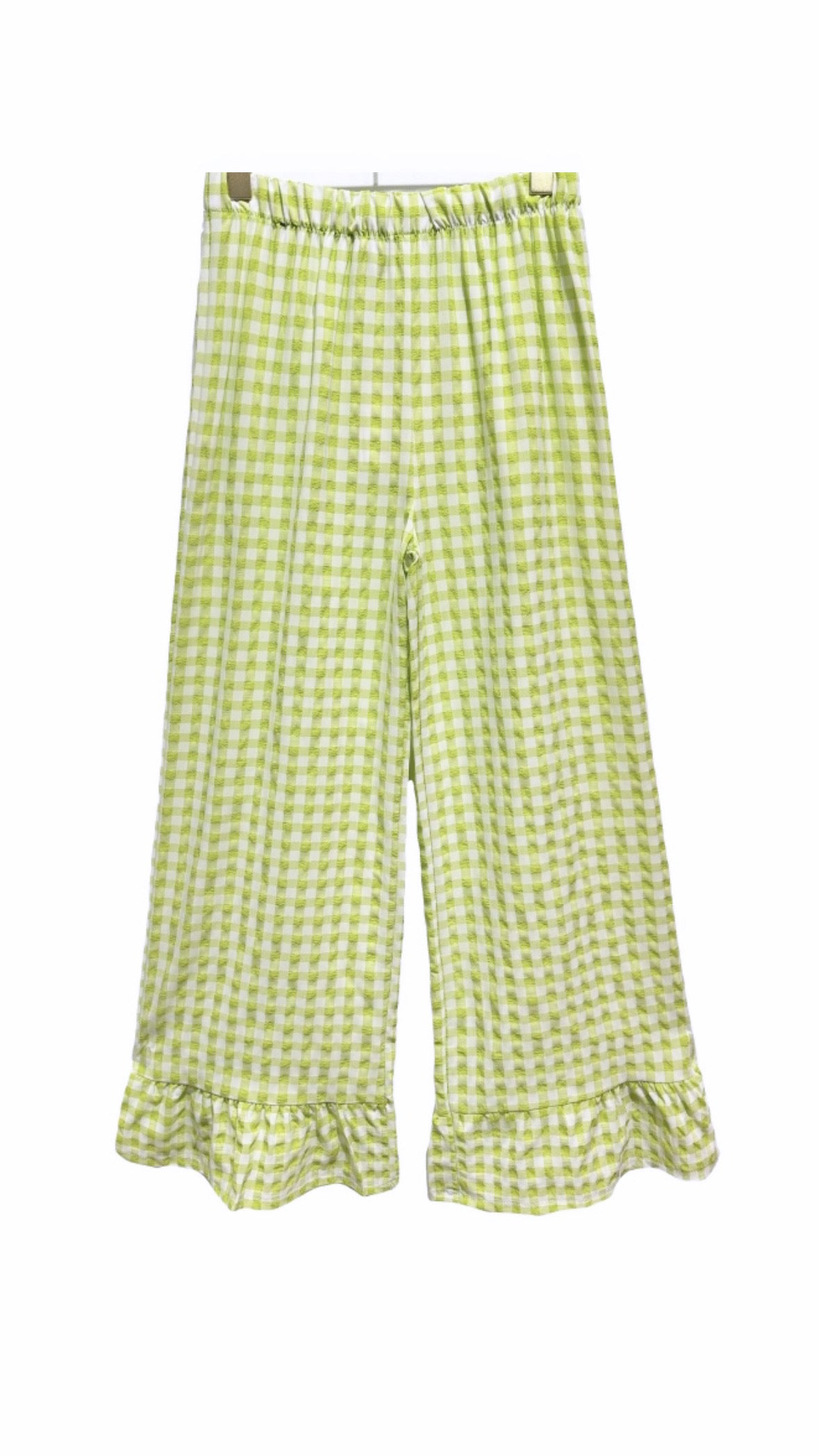 Ruffled Hem Gingham Trousers In Green