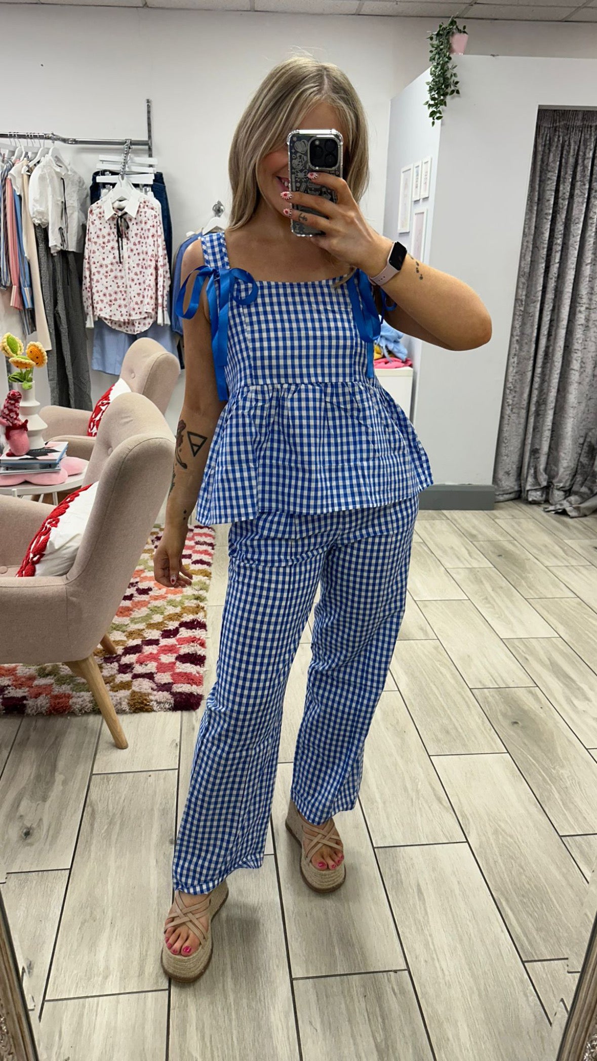 Gingham Bow Tie Top and Trousers Set