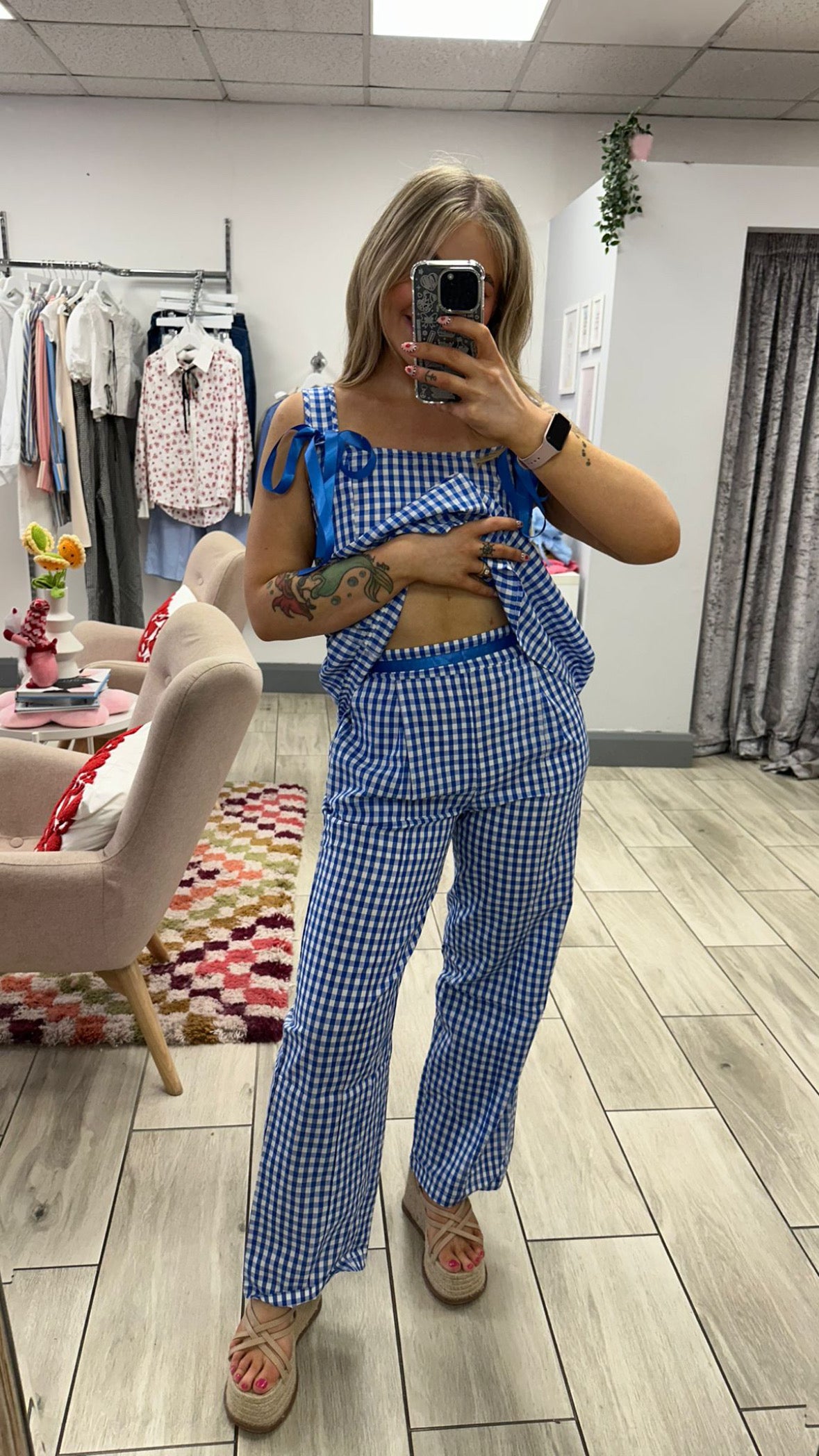 Gingham Bow Tie Top and Trousers Set