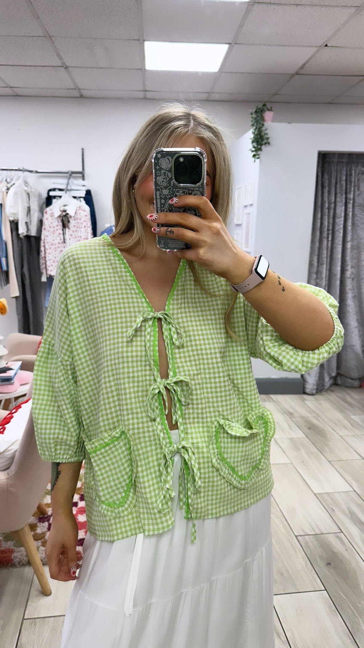 Gingham Heart Tie Front Blouse - Green